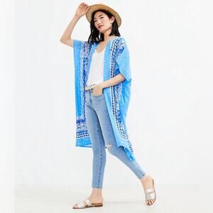 NEW LOFT Blue Boho Lightweight Flowy Summer Trellis Duster Wrap Size XS/S